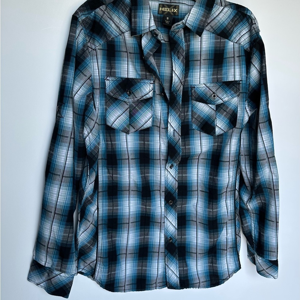 Helix Men's Casual Black and Blue Plaid Shirt